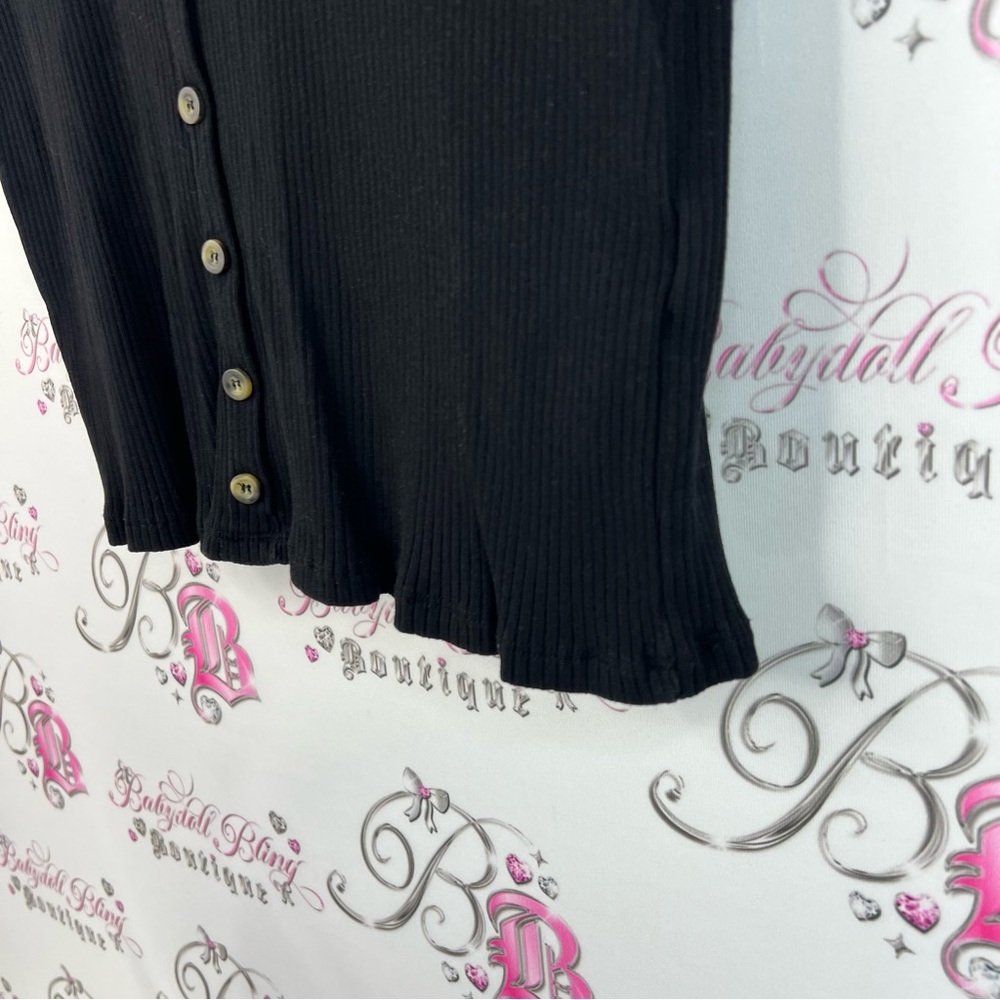 H&M tshirt button up tee stretchy Black Ribbed Short Sleeve Top - Picture 3 of 9